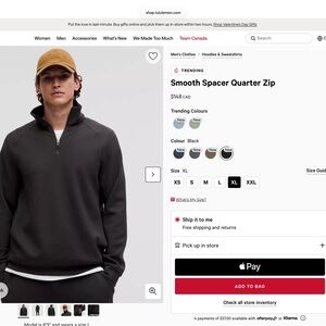 lululemon athletica Men's Smooth Spacer Quarter Zip - Black xl